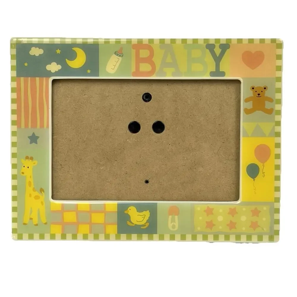 VTG Baby Picture Frame Pastel Boy Girl Teddy Bear Duck Moon Stars Checker 8x6”